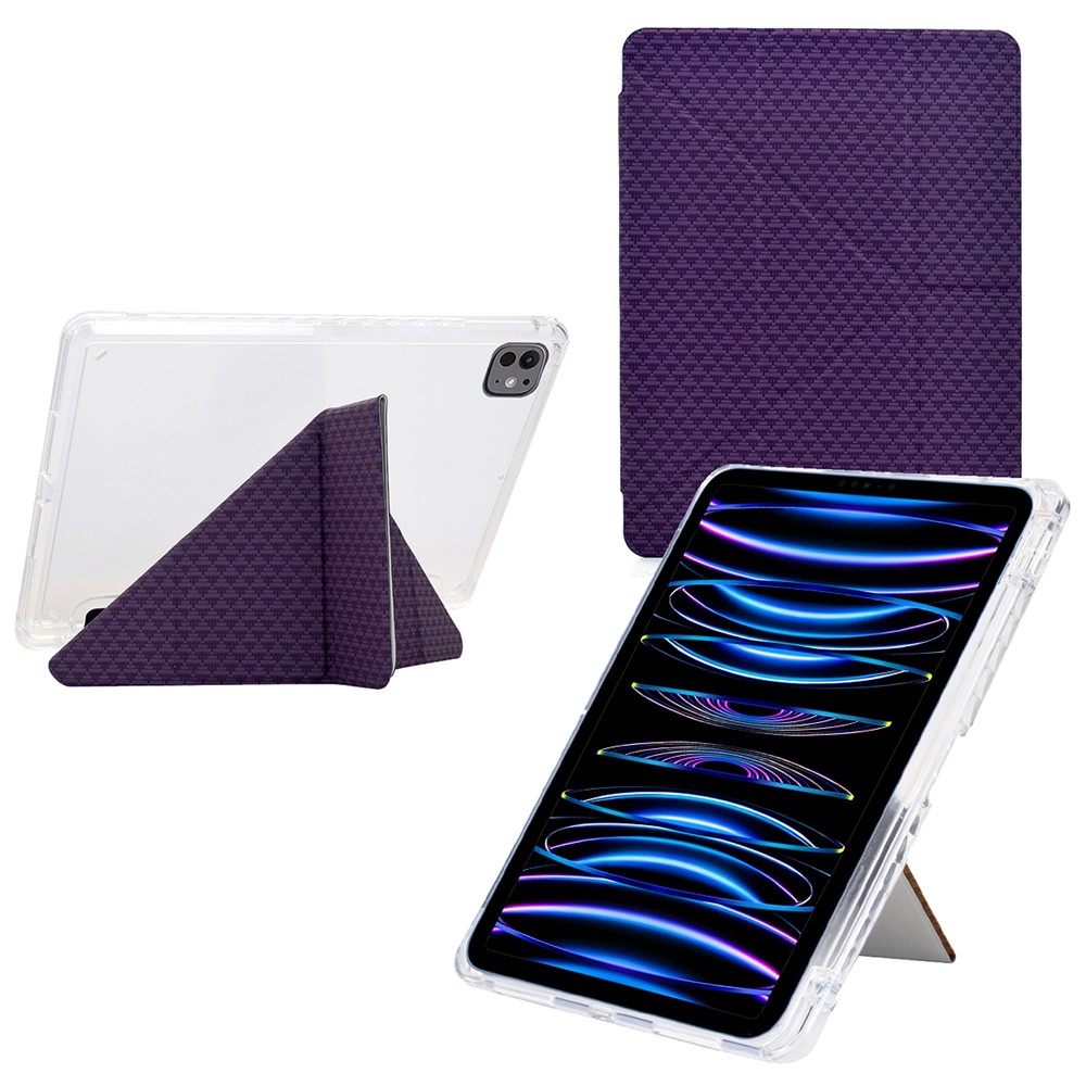 Tablet Case For iPad Pro 12.9 (2022) / (2021) / (2020) / (2018) , Y-Fold Stand Pyramid-Patterned Leather + Clear Acrylic Cover with Pencil Holder - Purple