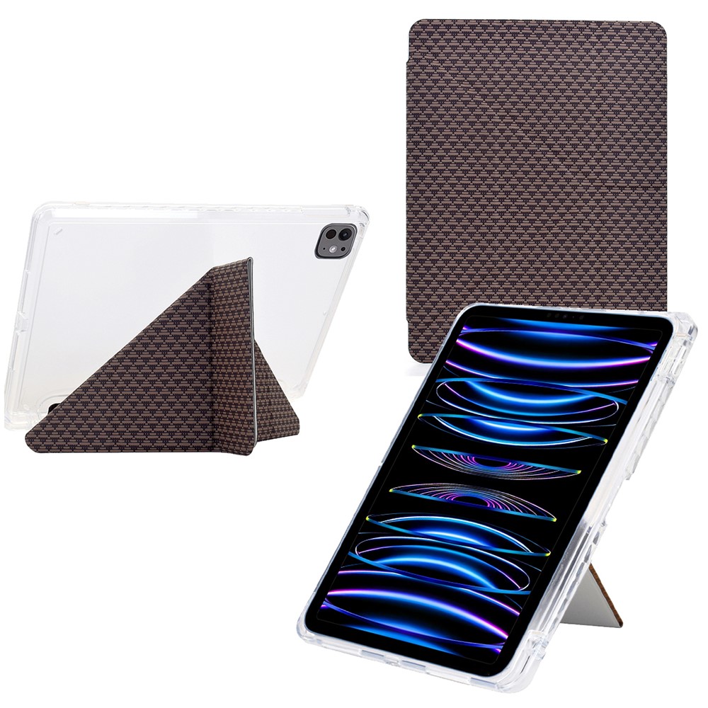Tablet Case For iPad Pro 12.9 (2022) / (2021) / (2020) / (2018) , Y-Fold Stand Pyramid-Patterned Leather + Clear Acrylic Cover with Pencil Holder - Brown