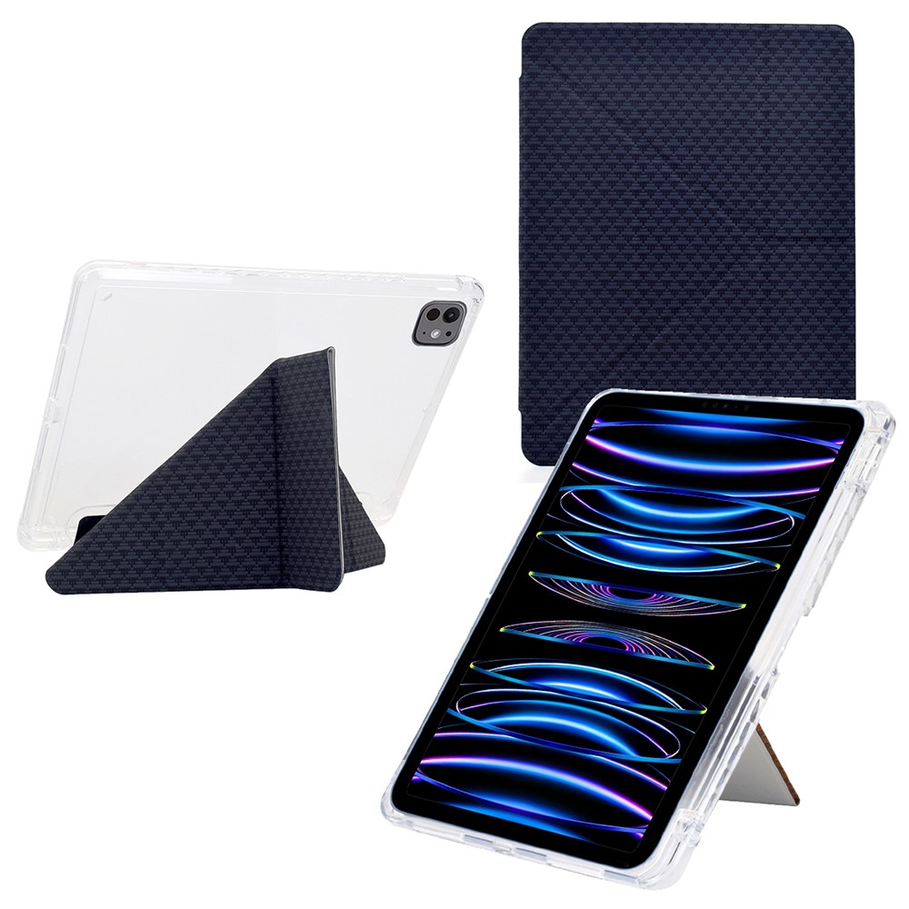 Tablet Case For iPad Pro 12.9 (2022) / (2021) / (2020) / (2018) , Y-Fold Stand Pyramid-Patterned Leather + Clear Acrylic Cover with Pencil Holder - Black