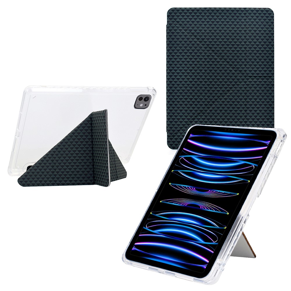Tablet Case For iPad Pro 12.9 (2022) / (2021) / (2020) / (2018) , Y-Fold Stand Pyramid-Patterned Leather + Clear Acrylic Cover with Pencil Holder - Green