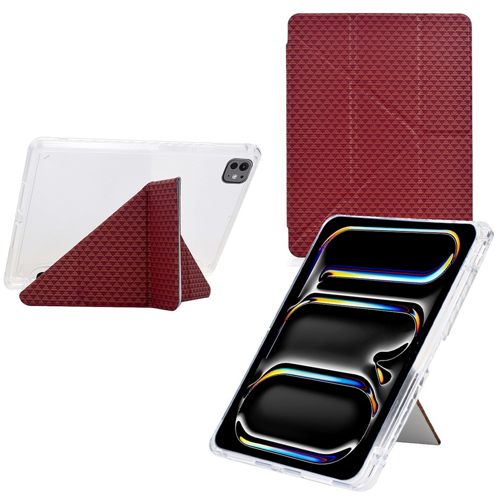 For iPad Pro 13 (2024) Case Y-Fold Stand Pyramid-Patterned Leather + Clear Acrylic Tablet Cover with Pencil Holder - Red