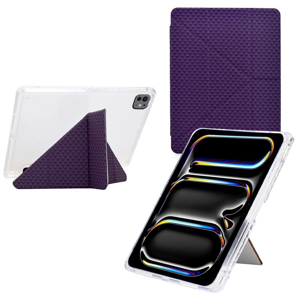 For iPad Pro 13 (2024) Case Y-Fold Stand Pyramid-Patterned Leather + Clear Acrylic Tablet Cover with Pencil Holder - Purple