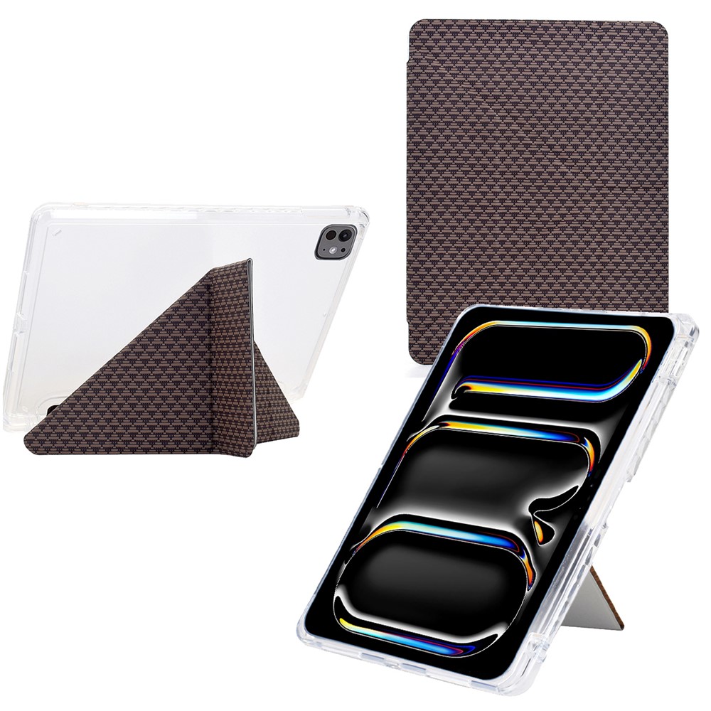 For iPad Pro 13 (2024) Case Y-Fold Stand Pyramid-Patterned Leather + Clear Acrylic Tablet Cover with Pencil Holder - Brown