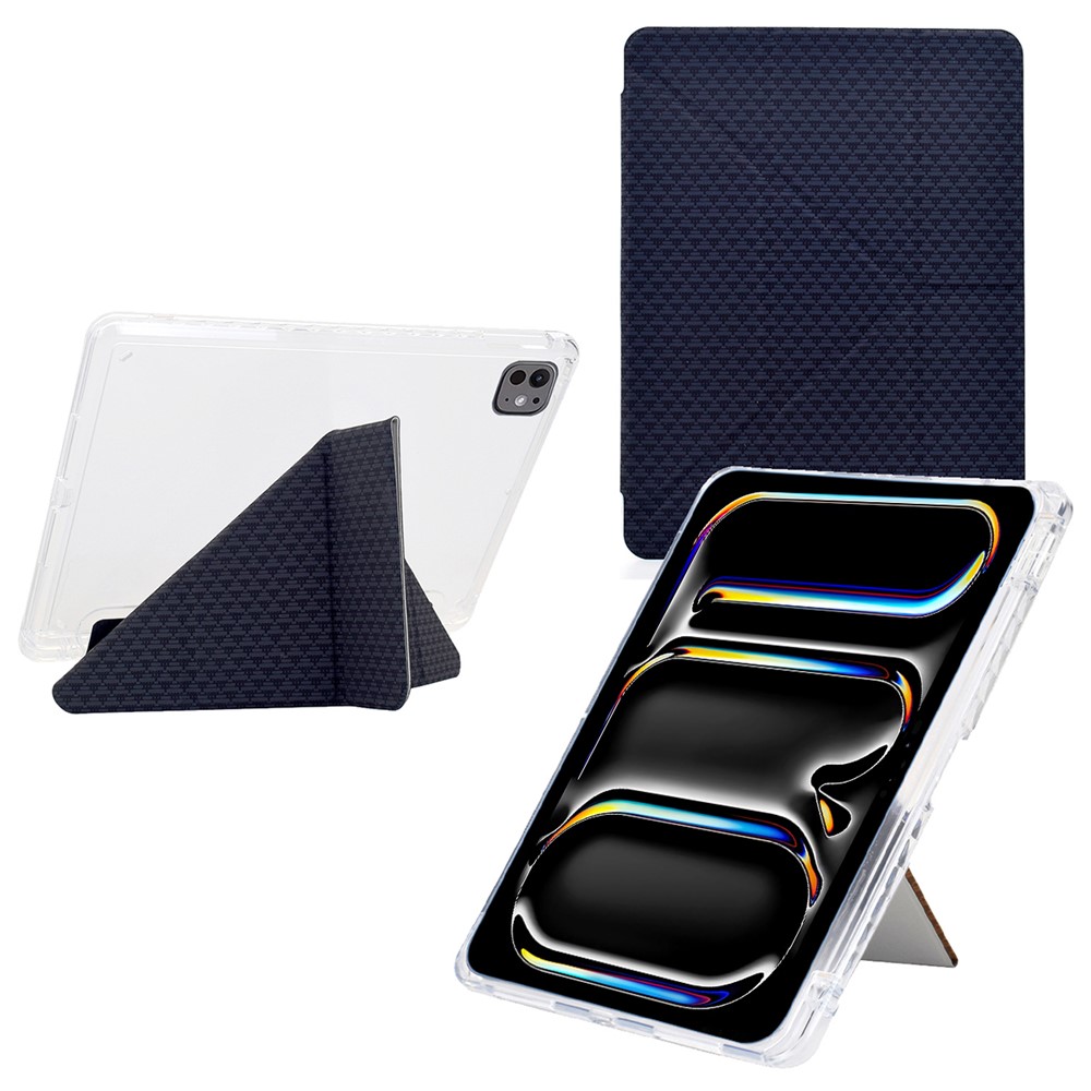 For iPad Pro 13 (2024) Case Y-Fold Stand Pyramid-Patterned Leather + Clear Acrylic Tablet Cover with Pencil Holder - Black