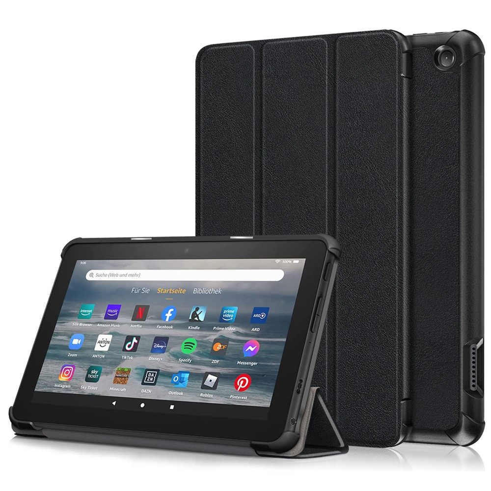 For Amazon Fire 7 (2022) Protective Case PU Leather Tri-fold Stand Shockproof Tablet Cover - Black-1