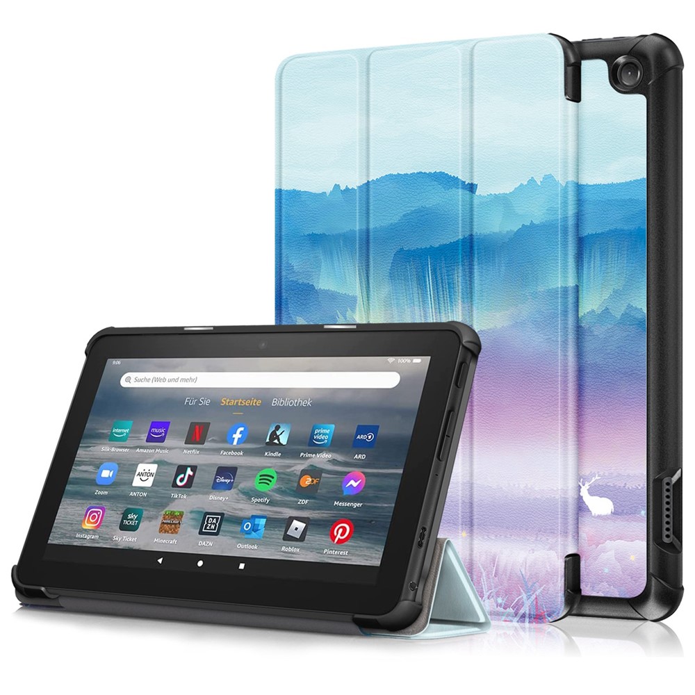 For Amazon Fire 7 (2022) Pattern Printed Protective Case PU Leather Anti-Drop Tablet Cover with Trifold Stand - Fantasy Deer-1