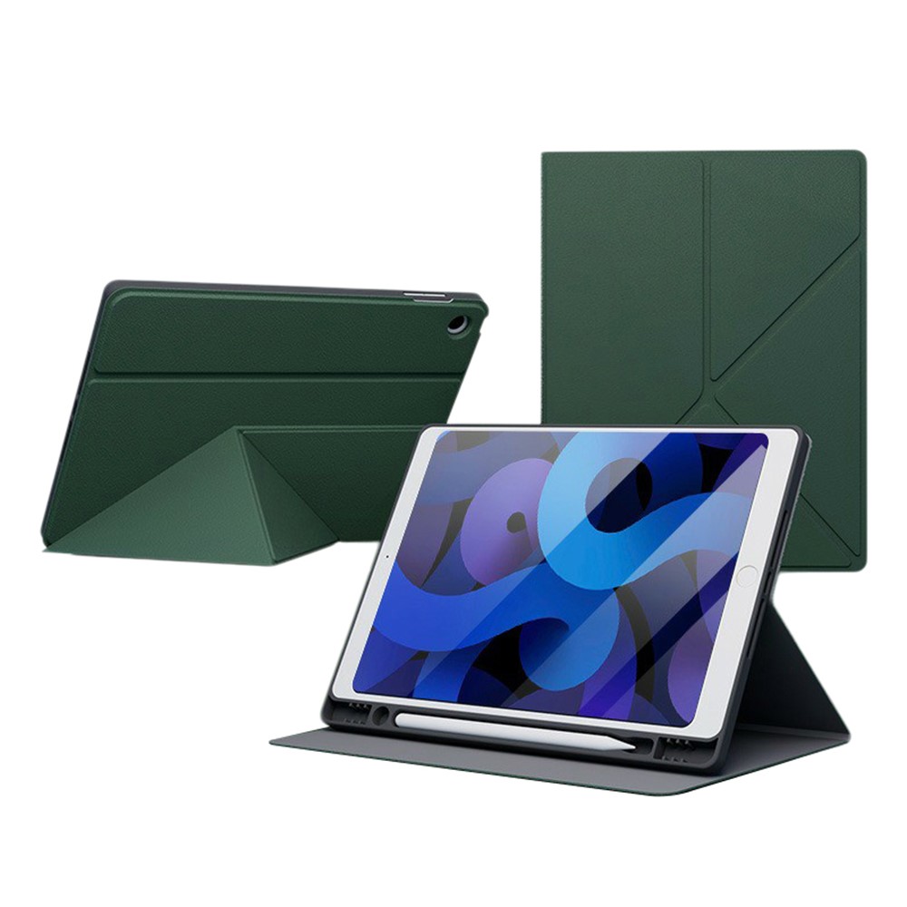 Tablet Case For iPad 10.2 (2021)  /  (2020)  /  (2019) Folding Stand Shockproof Leather Cover with Pencil Holder - Midnight Green