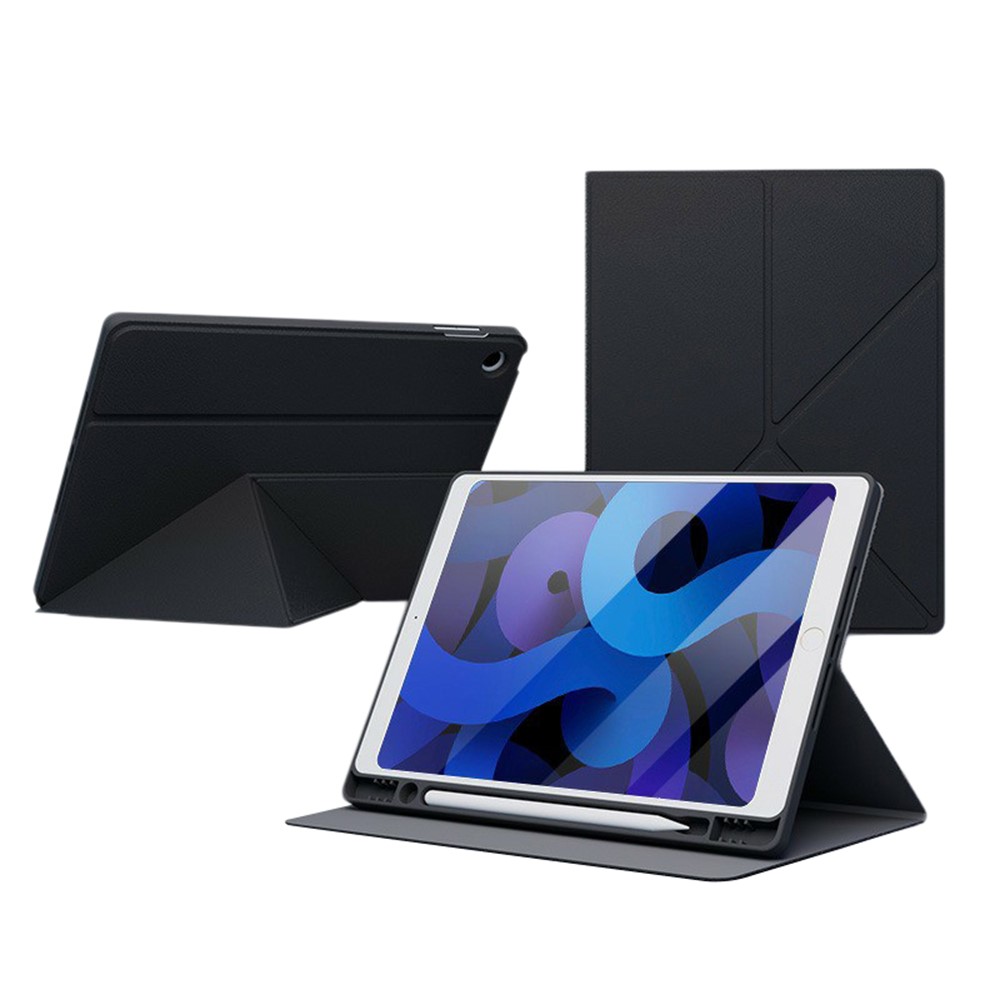 Tablet Case For iPad 10.2 (2021)  /  (2020)  /  (2019) Folding Stand Shockproof Leather Cover with Pencil Holder - Black