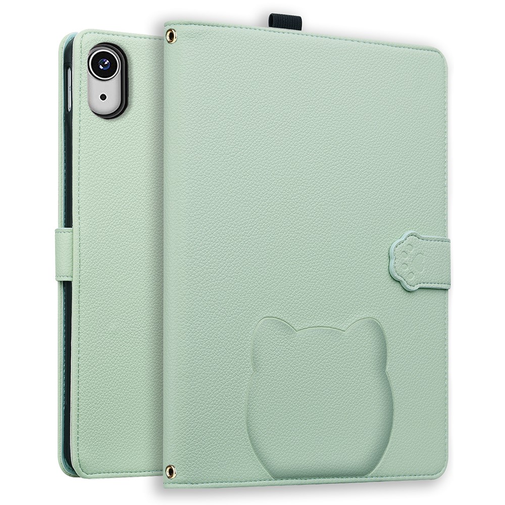 For iPad (2025) / iPad 10.9 (2022) Case 3D Effect Cat Pattern Leather Stand Table Cover with Wallet, Stylus Holder - Green
