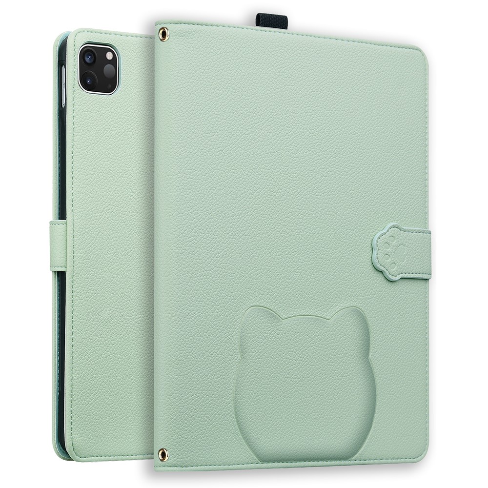 For iPad Pro 11 (2025) / 11 (2024) Case 3D Effect Cat Pattern Leather Stand Table Cover with Wallet, Stylus Holder - Green