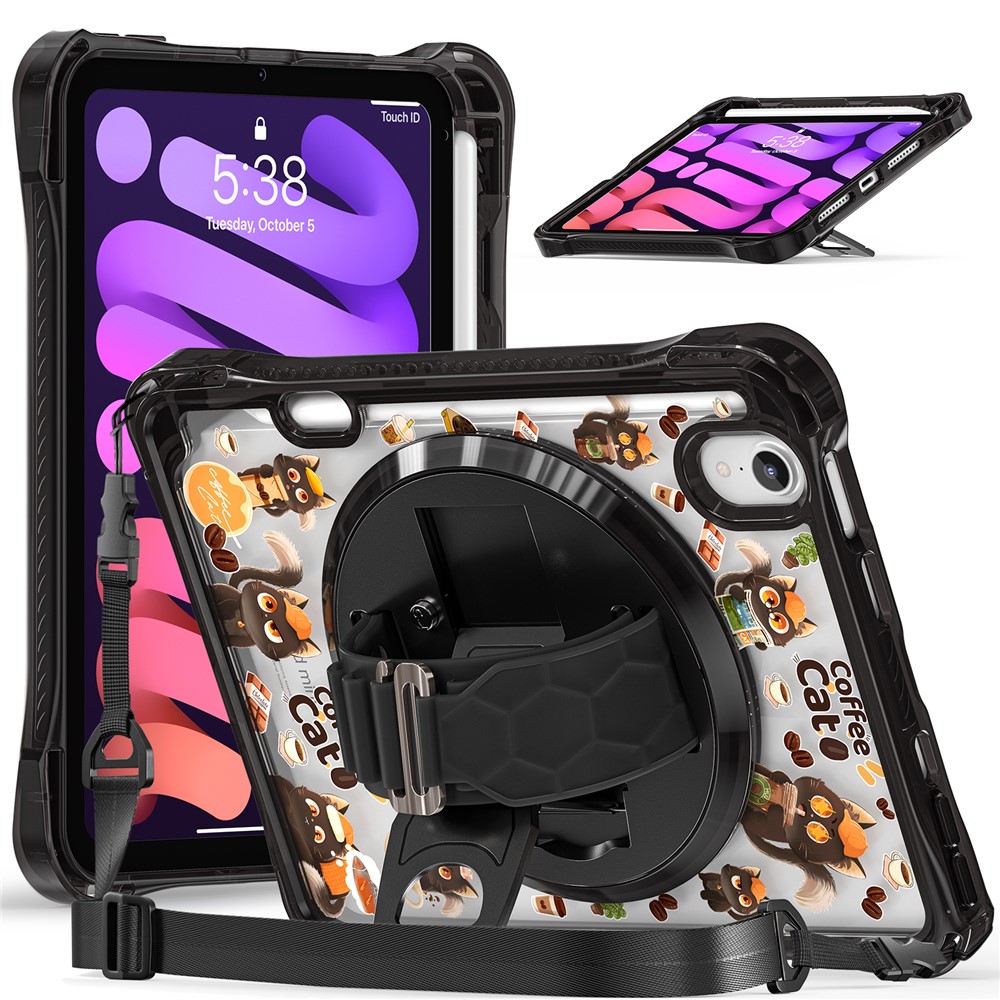 For iPad mini (2024) / (2021) Case Kickstand Hand Strap Imprint PC TPU Acrylic Cover with Shoulder Strap - Black