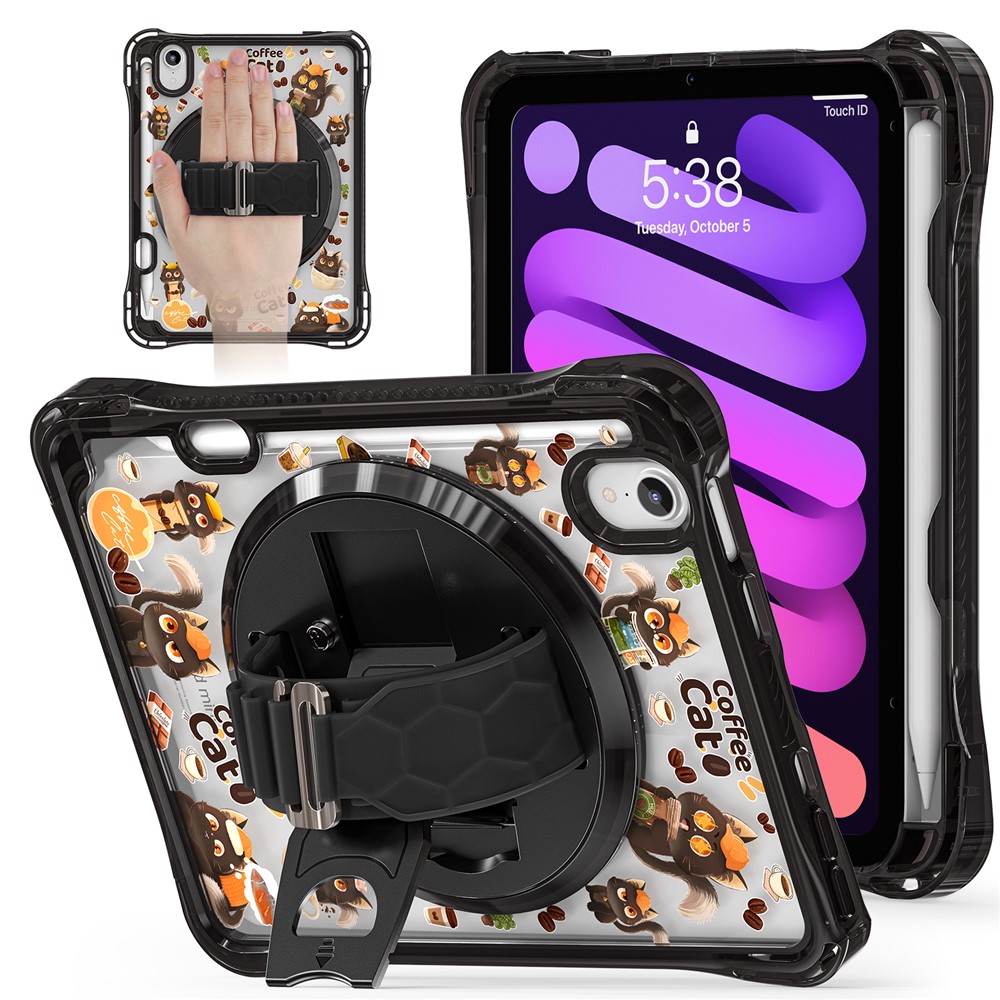 For iPad mini (2024) / (2021) Case Kickstand Hand Strap Imprint PC + TPU + Acrylic Tablet Cover - Black