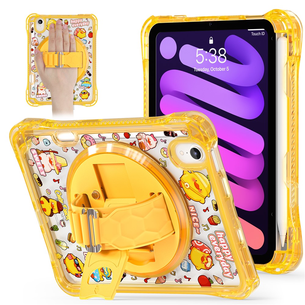 For iPad mini (2024) / (2021) Case Kickstand Hand Strap Imprint PC + TPU + Acrylic Tablet Cover - Yellow