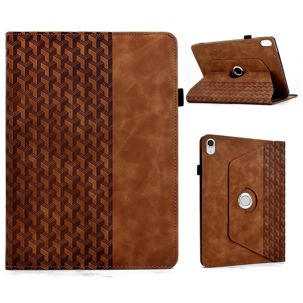 For iPad (2025)  /  10.9 (2022) Case Rotating Stand Building Block Imprinted Leather Tablet Cover - Brown