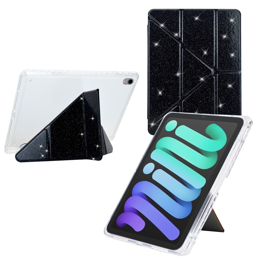 For iPad mini (2024)  /  (2021) Case Y-Fold Stand Glitter Leather TPU Acrylic Clear Tablet Cover - Black