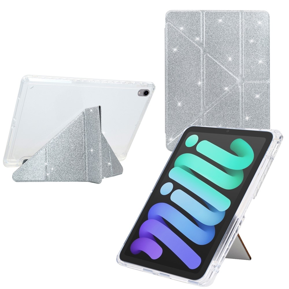 For iPad mini (2024)  /  (2021) Case Y-Fold Stand Glitter Leather TPU Acrylic Clear Tablet Cover - Silver