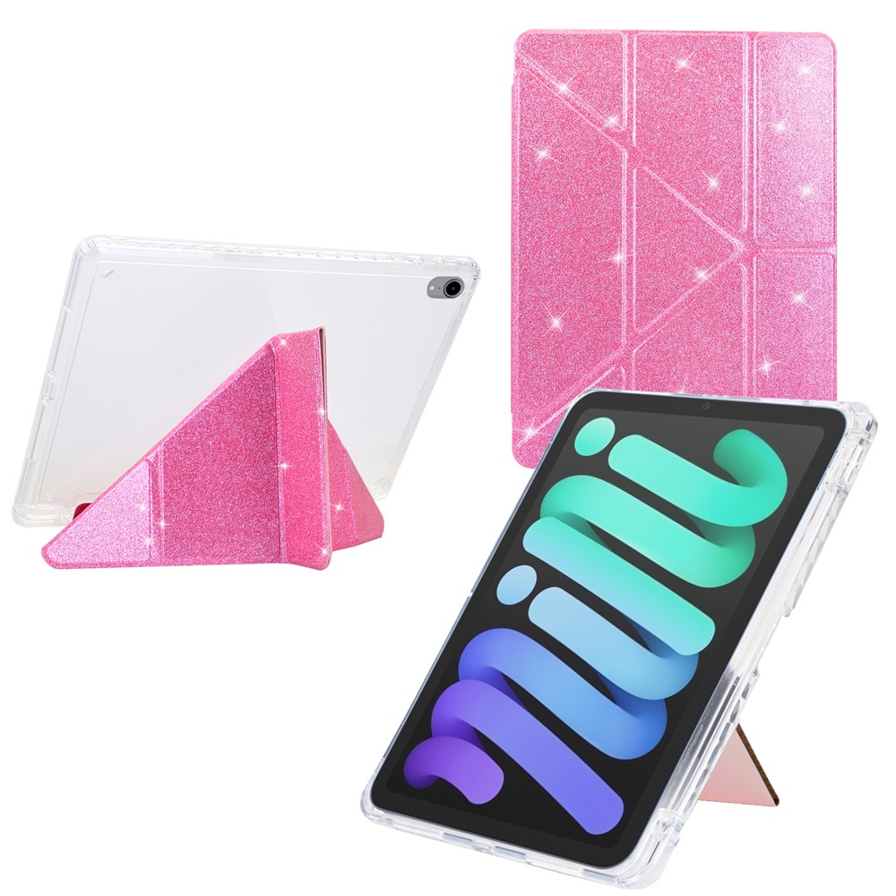 For iPad mini (2024)  /  (2021) Case Y-Fold Stand Glitter Leather TPU Acrylic Clear Tablet Cover - Pink