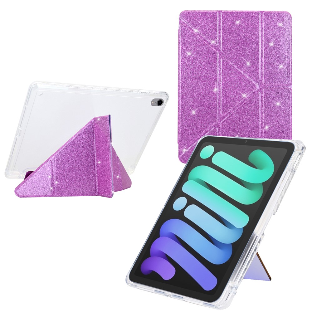For iPad mini (2024)  /  (2021) Case Y-Fold Stand Glitter Leather TPU Acrylic Clear Tablet Cover - Purple