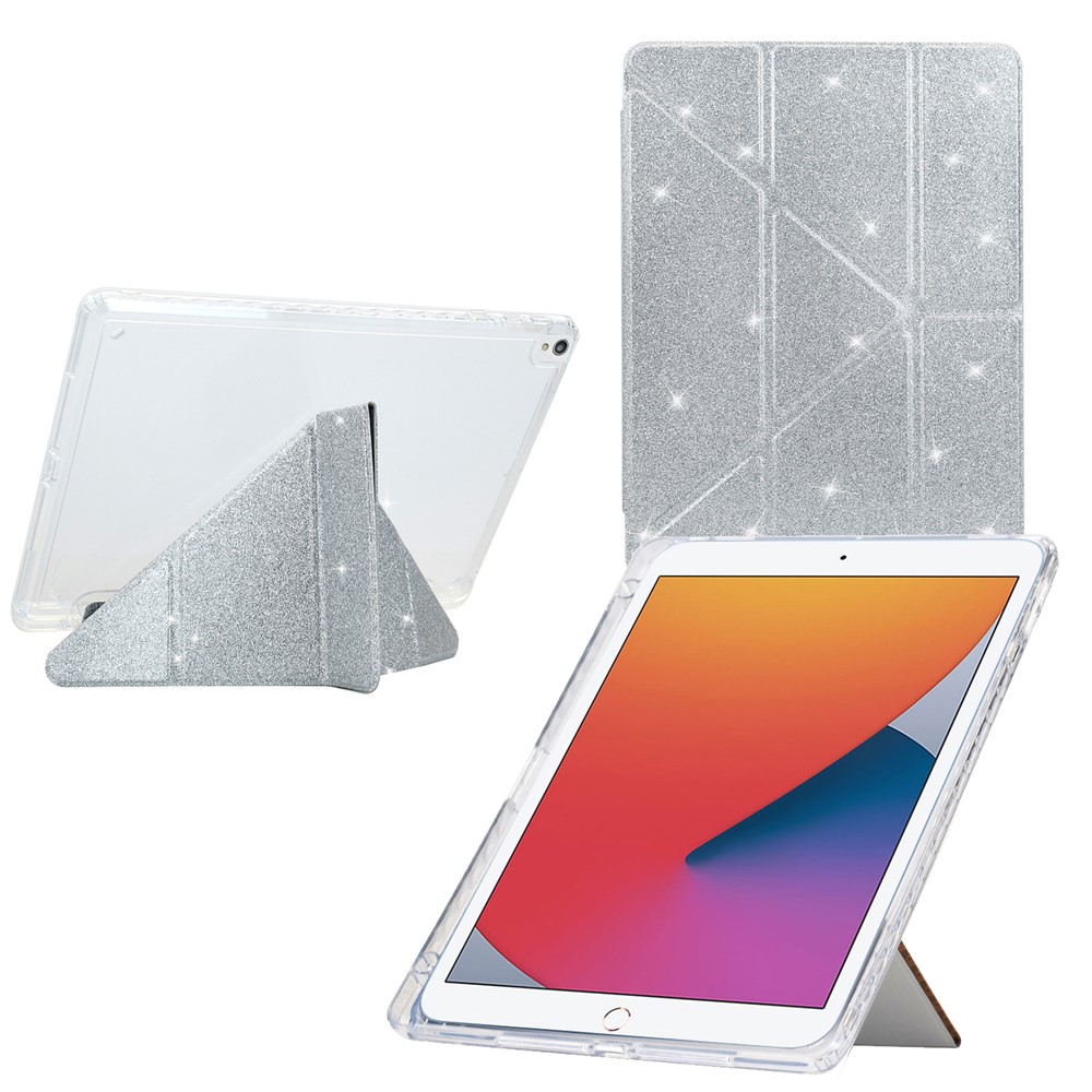 Tablet Case For iPad 10.2 (2020)  /  (2019)  /  Air 10.5 inch (2019) Y-Fold Stand Glitter Leather TPU Acrylic Clear Cover - Silver