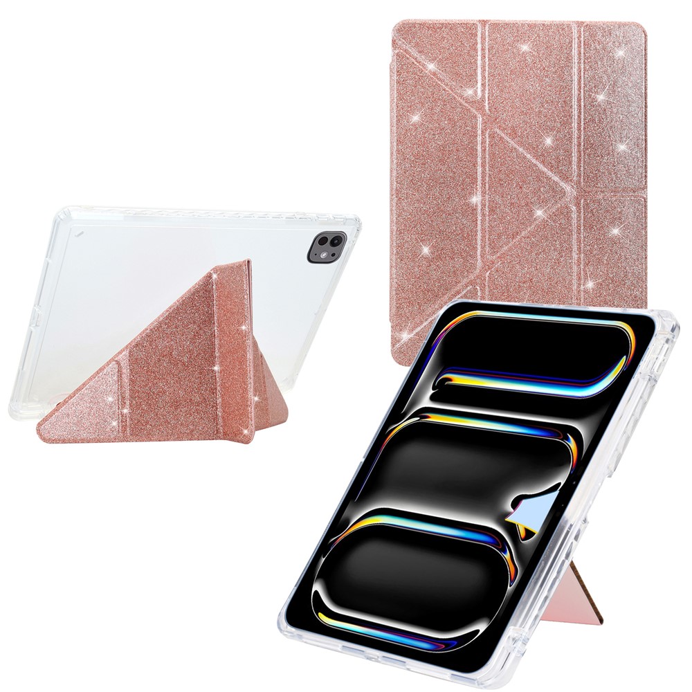 For iPad Pro 11 (2025) / 11 (2024) Case Y-Fold Stand Glitter Leather TPU Acrylic Clear Tablet Cover - Rose Gold