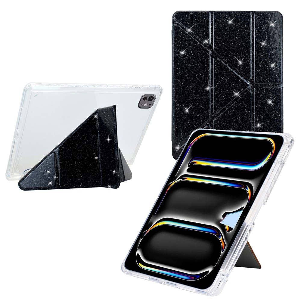For iPad Pro 11 (2025) / 11 (2024) Case Y-Fold Stand Glitter Leather TPU Acrylic Clear Tablet Cover - Black