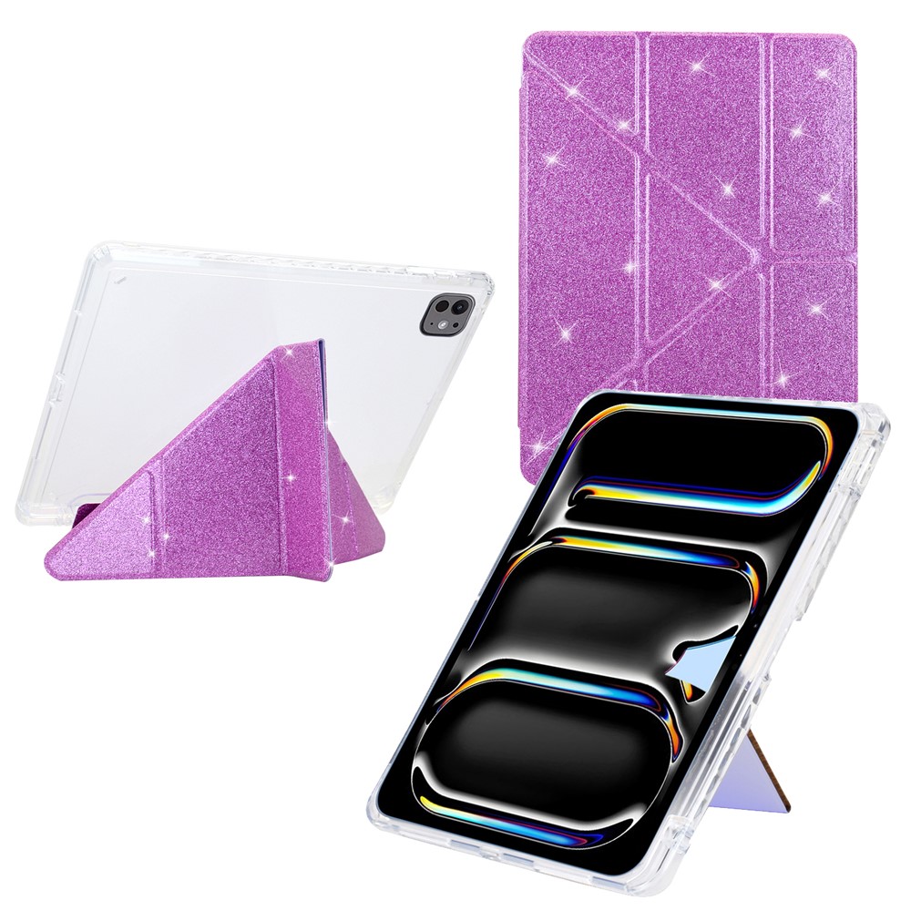 For iPad Pro 11 (2025) / 11 (2024) Case Y-Fold Stand Glitter Leather TPU Acrylic Clear Tablet Cover - Purple