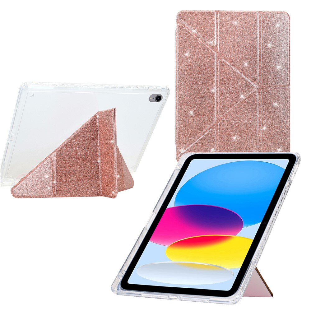 For iPad (2025)  /  10.9 (2022) Case Y-Fold Stand Glitter Leather TPU Acrylic Clear Tablet Cover - Rose Gold