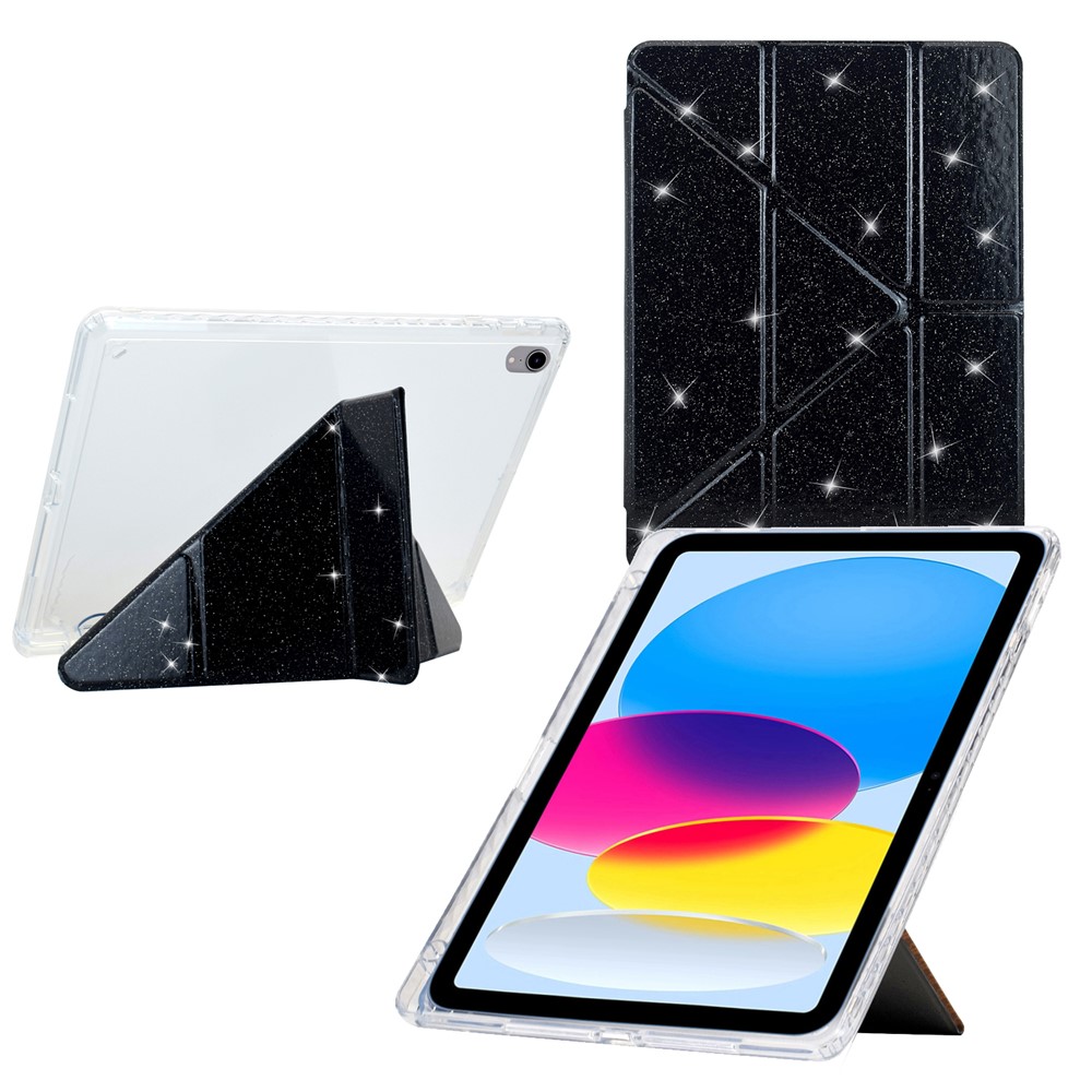 For iPad (2025)  /  10.9 (2022) Case Y-Fold Stand Glitter Leather TPU Acrylic Clear Tablet Cover - Black