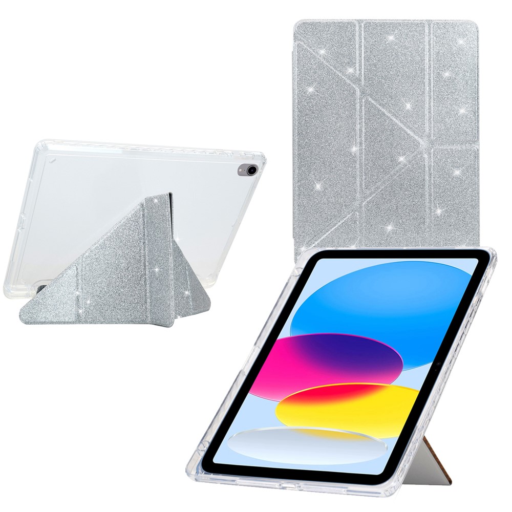 For iPad (2025)  /  10.9 (2022) Case Y-Fold Stand Glitter Leather TPU Acrylic Clear Tablet Cover - Silver