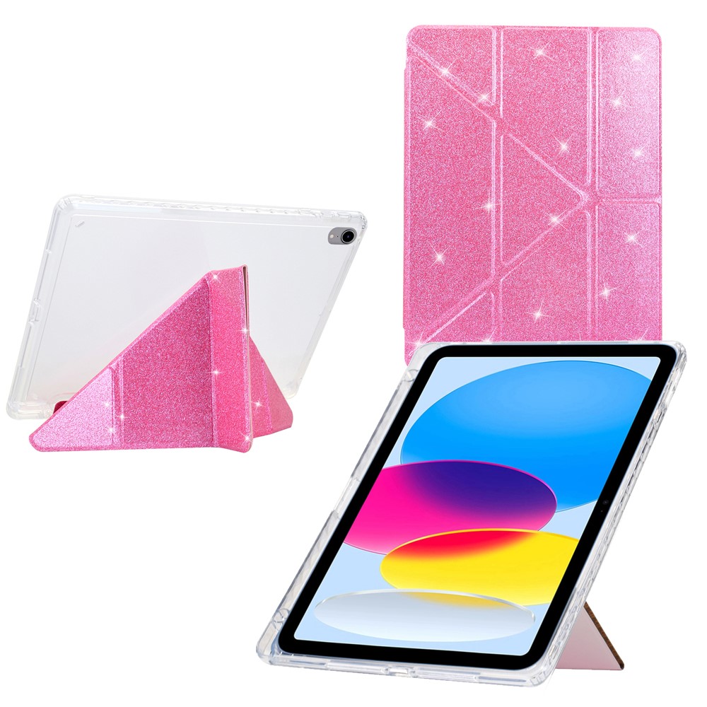 For iPad (2025)  /  10.9 (2022) Case Y-Fold Stand Glitter Leather TPU Acrylic Clear Tablet Cover - Pink