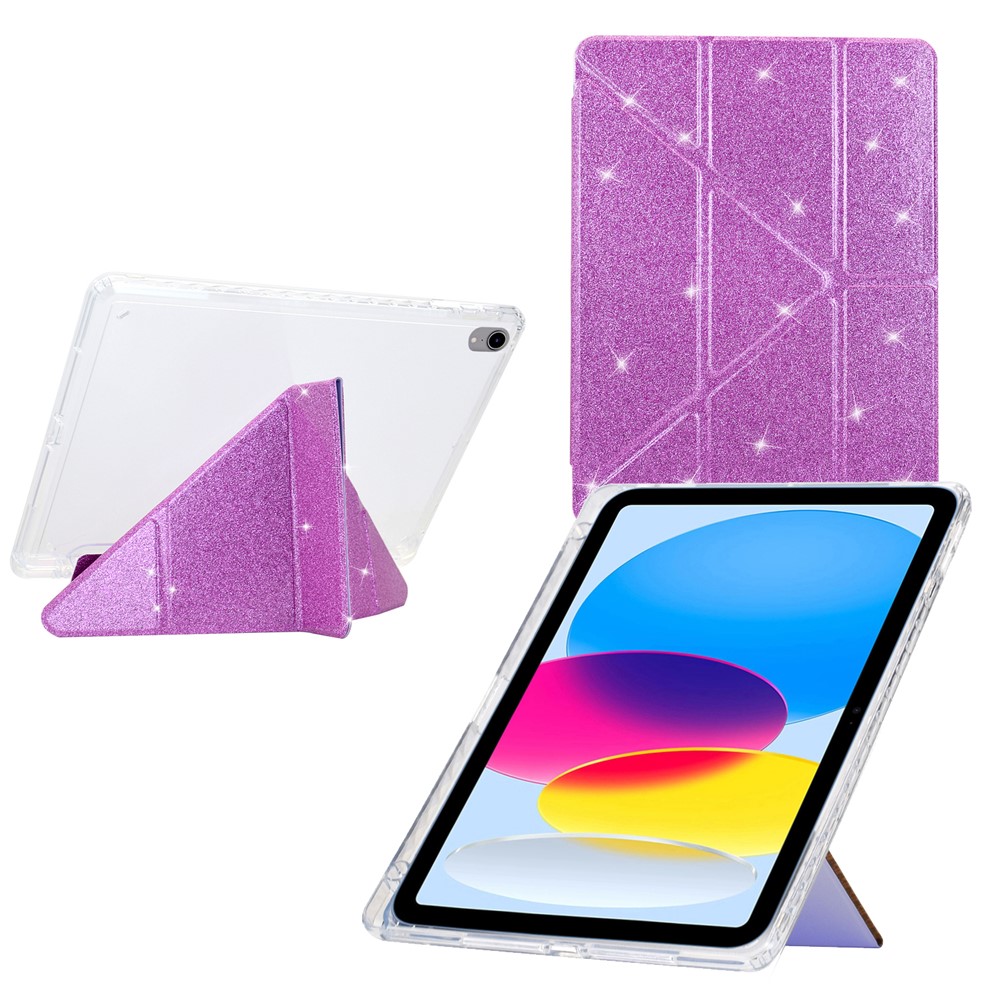 For iPad (2025)  /  10.9 (2022) Case Y-Fold Stand Glitter Leather TPU Acrylic Clear Tablet Cover - Purple