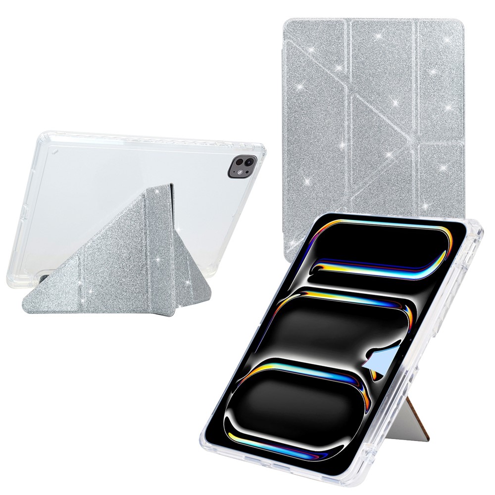 For iPad Pro 13 (2025) / 13 (2024) Case Y-Fold Stand Glitter Leather TPU Acrylic Clear Tablet Cover - Silver