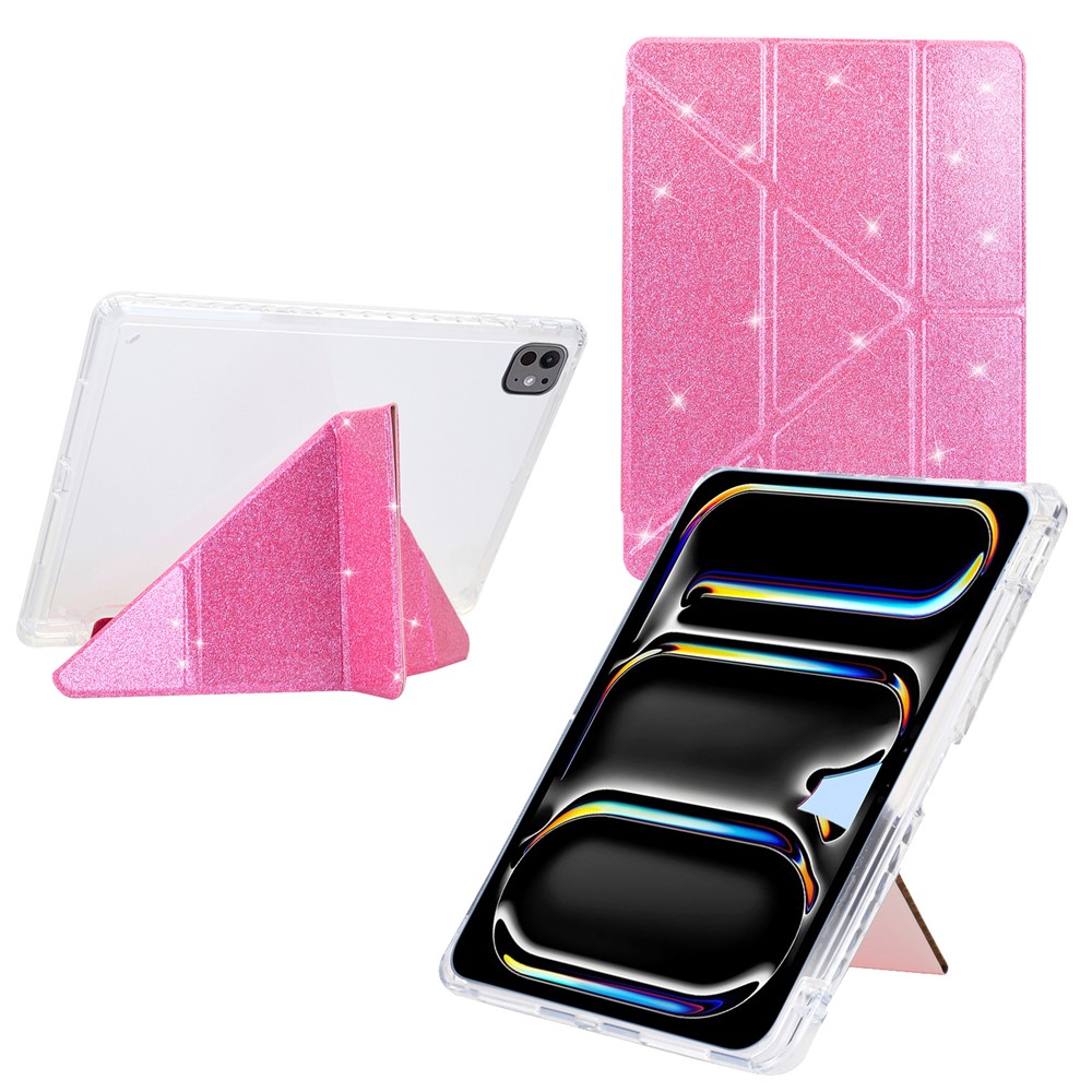 For iPad Pro 13 (2025) / 13 (2024) Case Y-Fold Stand Glitter Leather TPU Acrylic Clear Tablet Cover - Pink