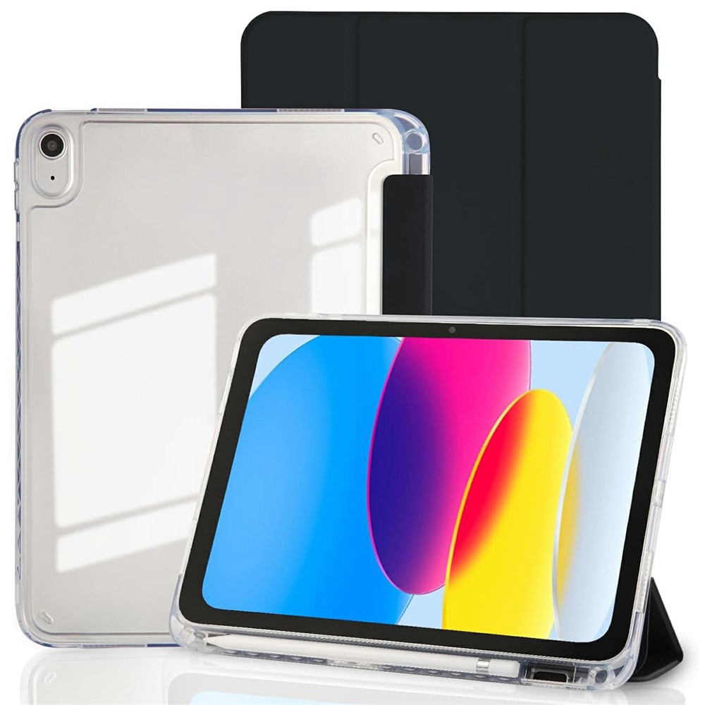 Tablet Case for iPad (2025) / iPad 10.9 (2022) Acrylic Back PU Leather Flip Cover with Pencil Slot - Black