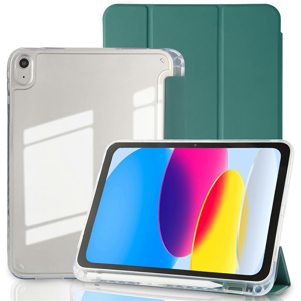 Tablet Case for iPad (2025) / iPad 10.9 (2022) Acrylic Back PU Leather Flip Cover with Pencil Slot - Midnight Green