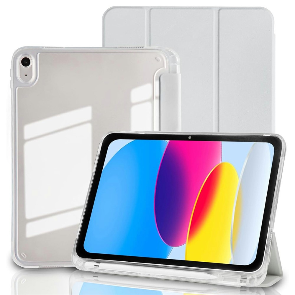 Tablet Case for iPad (2025) / iPad 10.9 (2022) Acrylic Back PU Leather Flip Cover with Pencil Slot - Grey