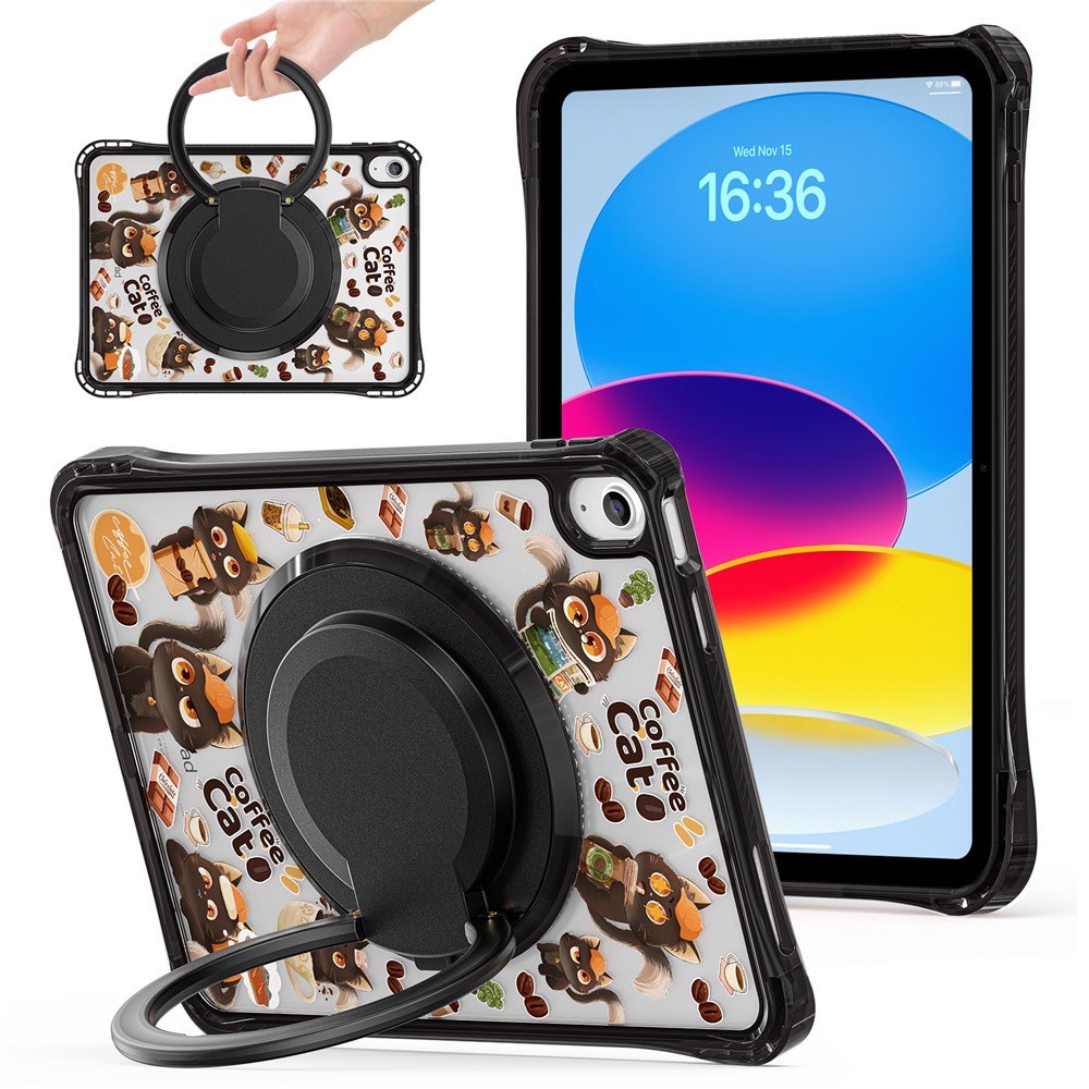 For iPad (2025) / iPad 10.9 (2022) Case Hand Grip Kickstand Pattern PC + TPU + Acrylic Tablet Cover - Black