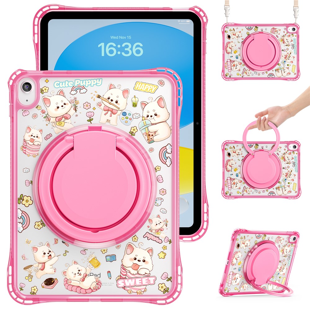 For iPad (2025) / iPad 10.9 (2022) Case Kickstand Pattern PC + TPU + Acrylic Tablet Cover with Shoulder Strap - Pink