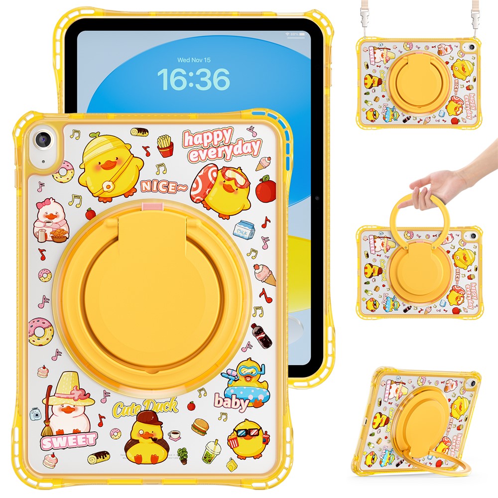 For iPad (2025) / iPad 10.9 (2022) Case Kickstand Pattern PC + TPU + Acrylic Tablet Cover with Shoulder Strap - Yellow