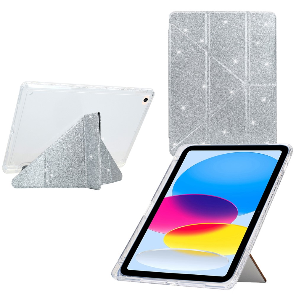 Tablet Case For iPad 9.7-inch (2018)  /  (2017)  /  Air 2  /  Air (2013) Y-Fold Stand Glitter Leather TPU Acrylic Clear Cover - Silver