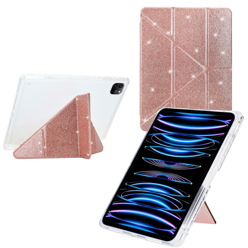 Tablet Case For iPad Pro 12.9 (2022)  /  (2021)  /  (2020)  /  (2018) Y-Fold Stand Glitter Leather TPU Acrylic Clear Cover - Rose Gold