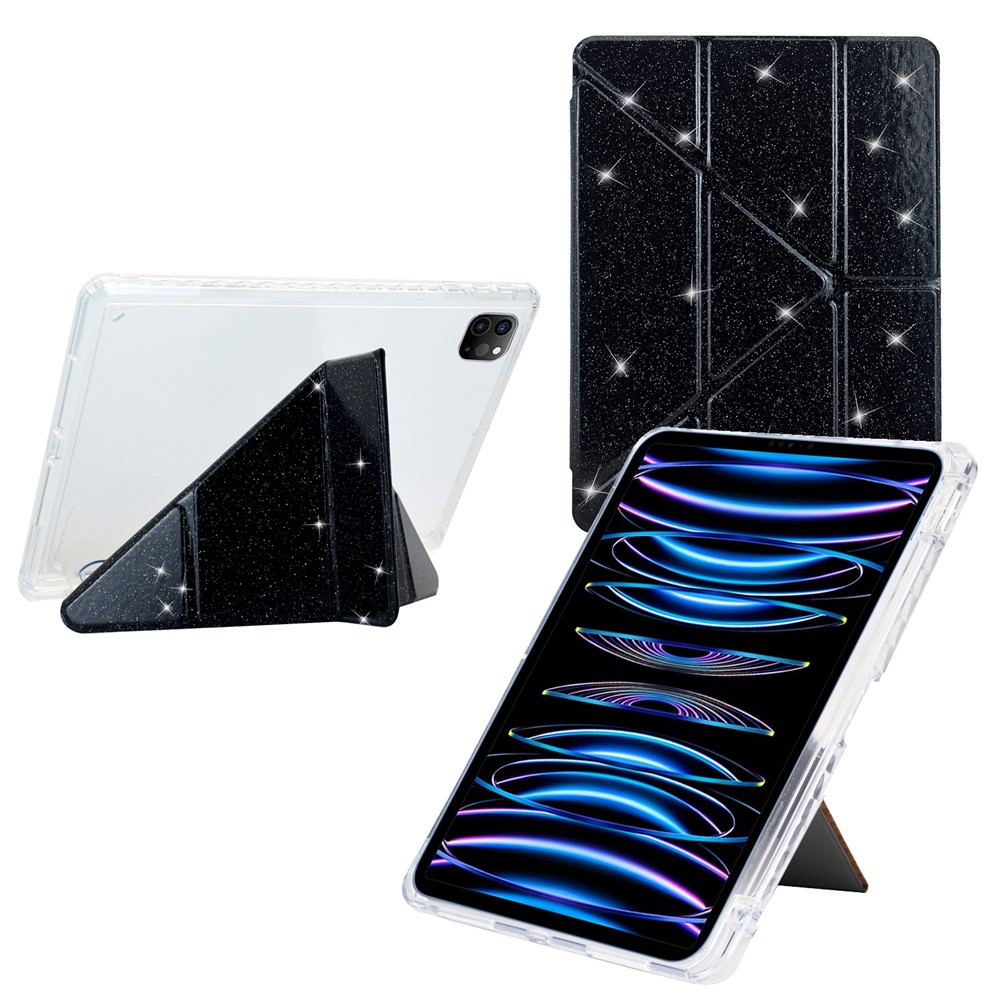 Tablet Case For iPad Pro 12.9 (2022)  /  (2021)  /  (2020)  /  (2018) Y-Fold Stand Glitter Leather TPU Acrylic Clear Cover - Black