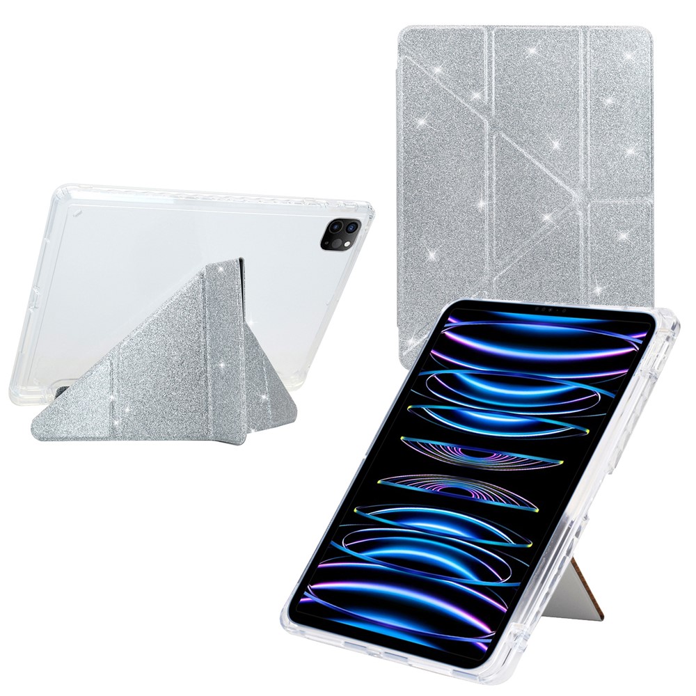 Tablet Case For iPad Pro 12.9 (2022)  /  (2021)  /  (2020)  /  (2018) Y-Fold Stand Glitter Leather TPU Acrylic Clear Cover - Silver