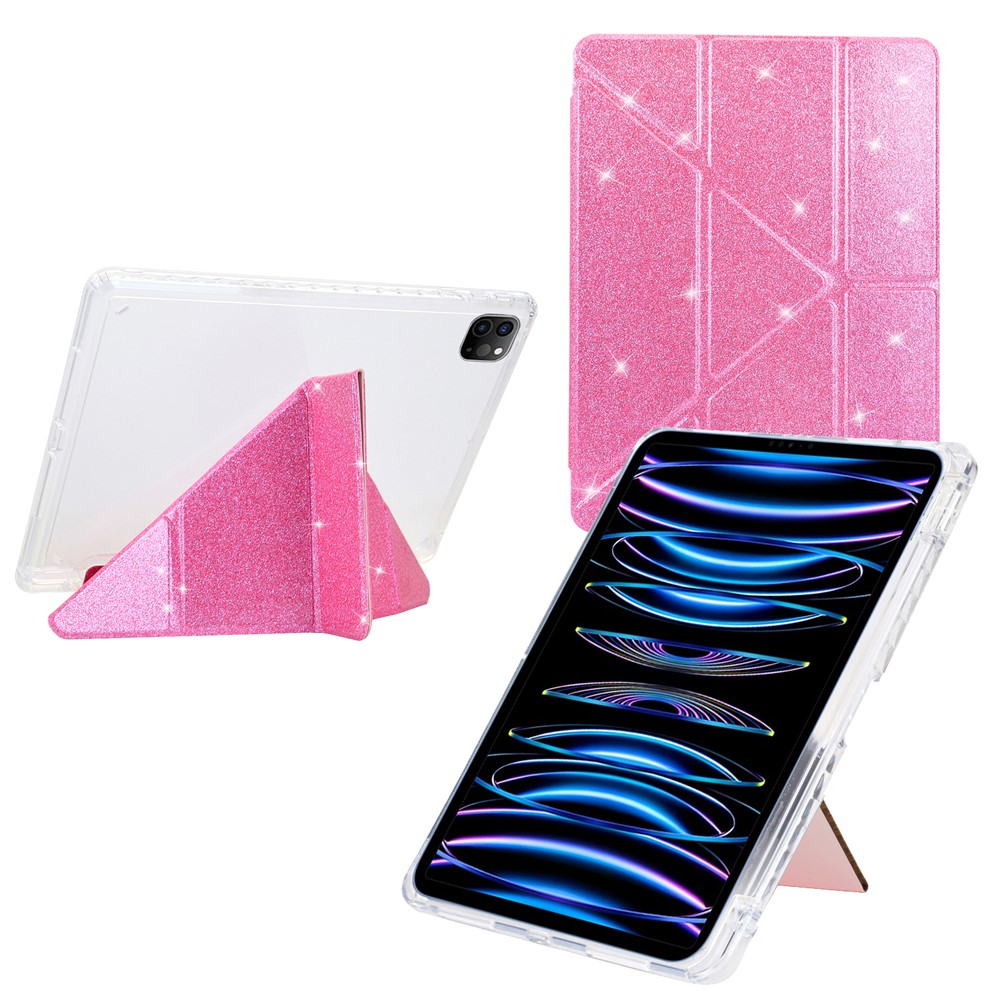 Tablet Case For iPad Pro 12.9 (2022)  /  (2021)  /  (2020)  /  (2018) Y-Fold Stand Glitter Leather TPU Acrylic Clear Cover - Pink