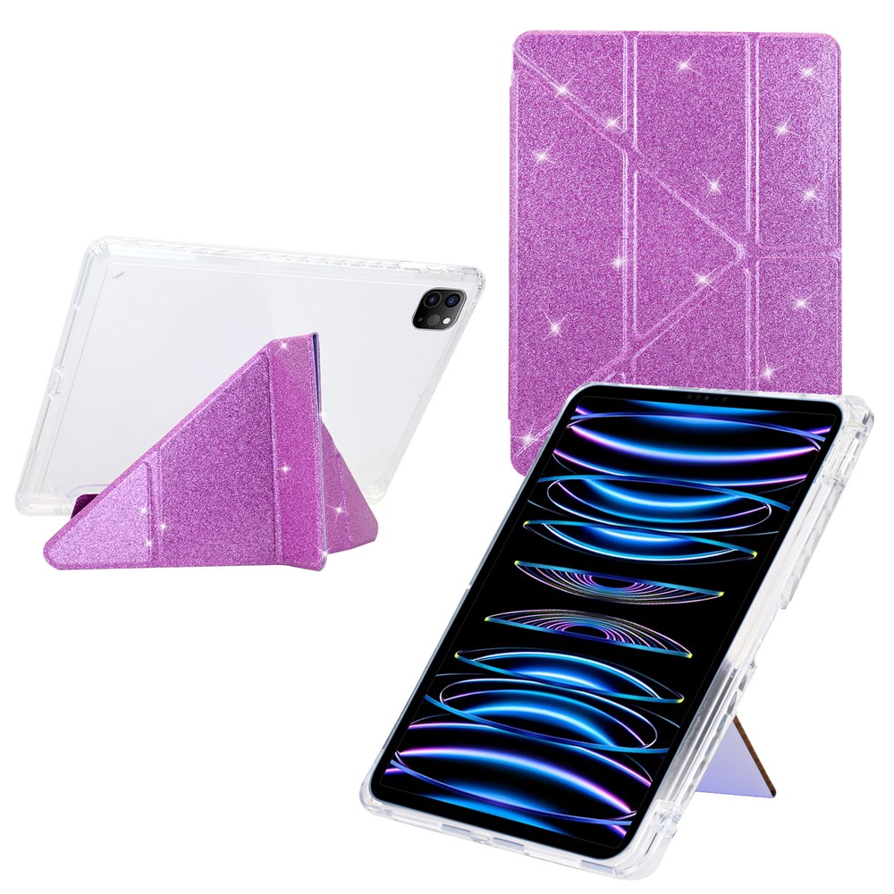 Tablet Case For iPad Pro 12.9 (2022)  /  (2021)  /  (2020)  /  (2018) Y-Fold Stand Glitter Leather TPU Acrylic Clear Cover - Purple