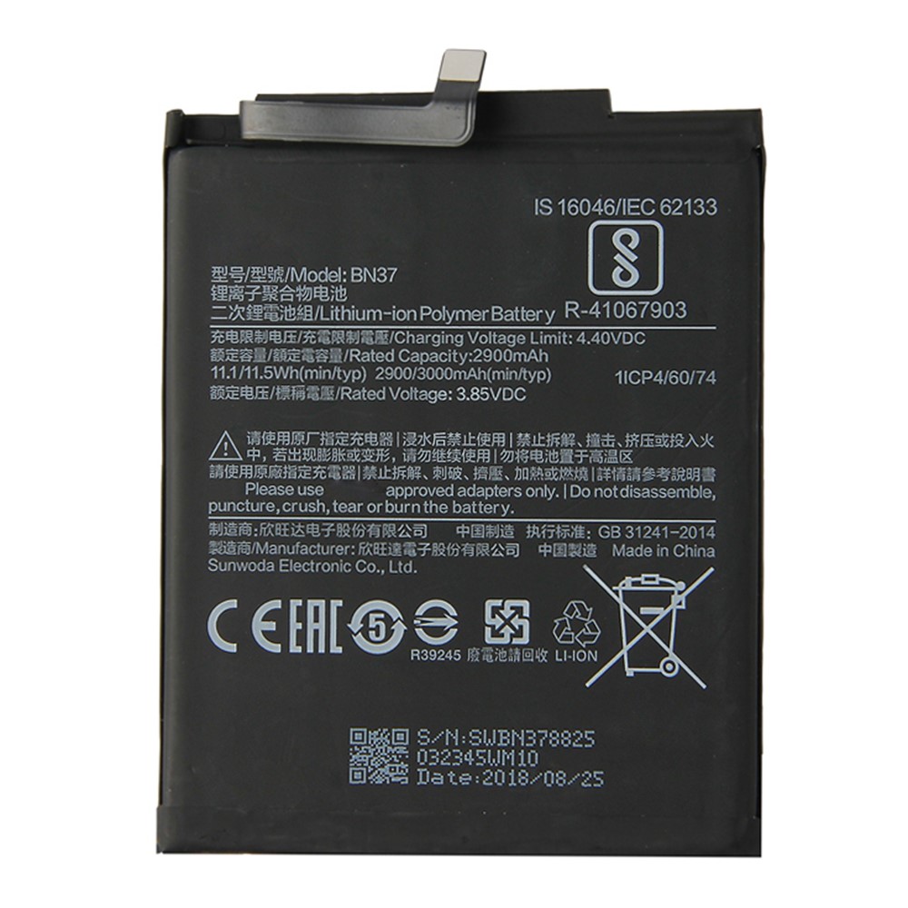 For Xiaomi Redmi 6 (Dual Camera: 12MP+5MP) / 6A (Single 12MP Rear Camera) 3.85V 2900mAh Li-ion Polymer Battery Replacement Part (Encode: BN37) (without Logo)-1