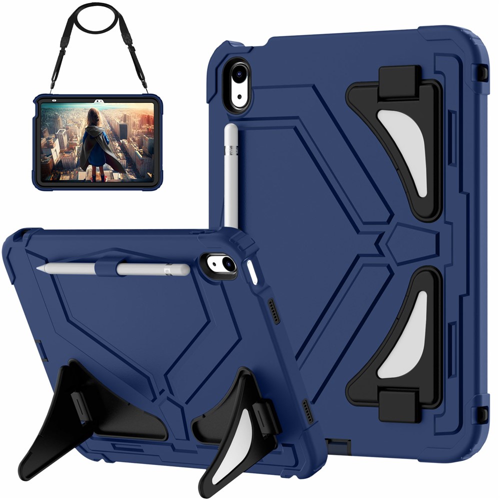 For iPad (2025) / 10.9 (2022) Kickstand Case Leopard Style Protective Tablet Cover with Shoulder Strap - Navy Blue / Black
