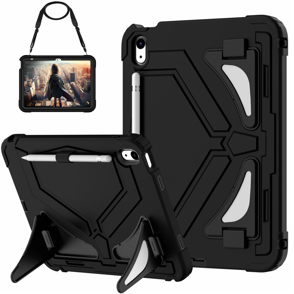 For iPad (2025) / 10.9 (2022) Kickstand Case Leopard Style Protective Tablet Cover with Shoulder Strap - Black