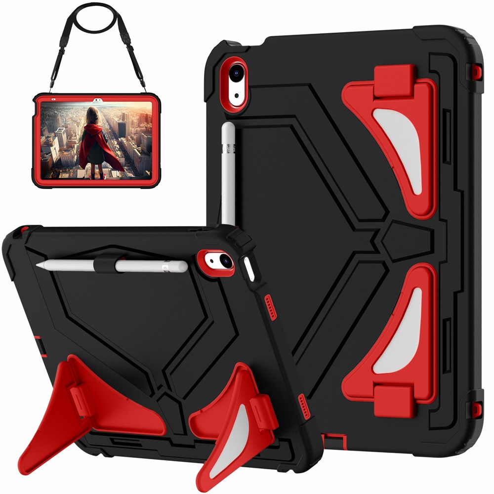 For iPad (2025) / 10.9 (2022) Kickstand Case Leopard Style Protective Tablet Cover with Shoulder Strap - Black / Red