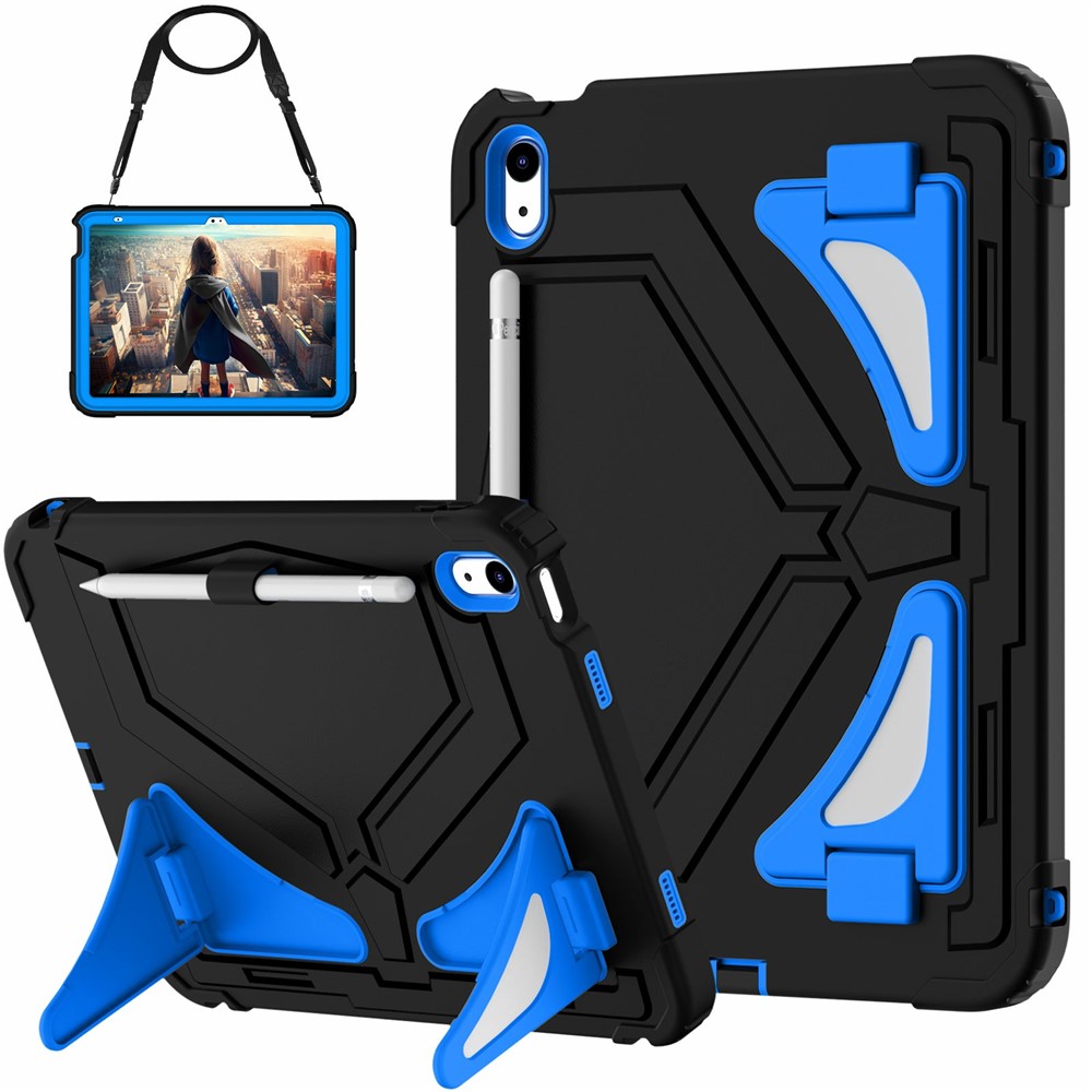 For iPad (2025) / 10.9 (2022) Kickstand Case Leopard Style Protective Tablet Cover with Shoulder Strap - Black / Blue